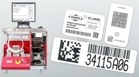 PLUS3 laser metal tag printing system shown with three examples of printed bar code metal tags