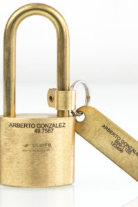 Brass Lock And Tag Laser Engraved With Employee Name And Phone Number
