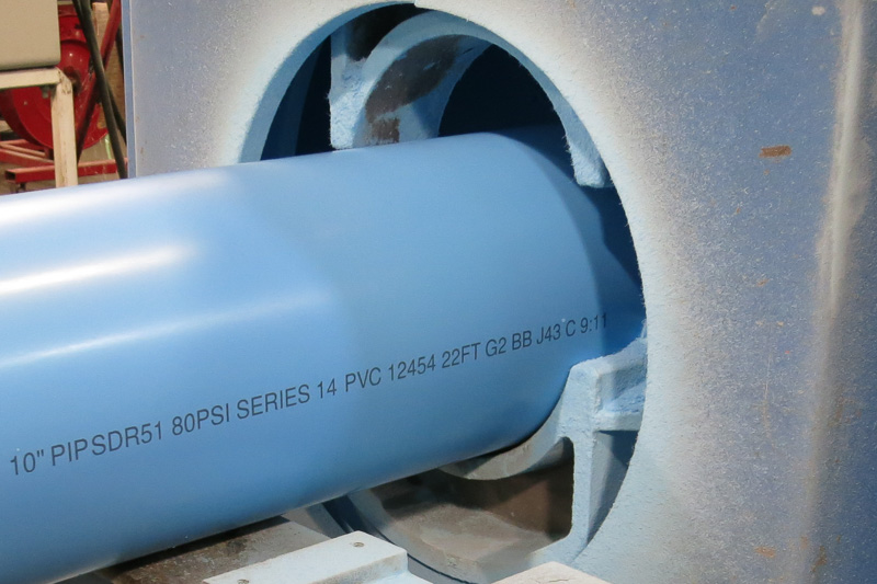 High resolution ink jet printing on PVC irrigation pipe.
