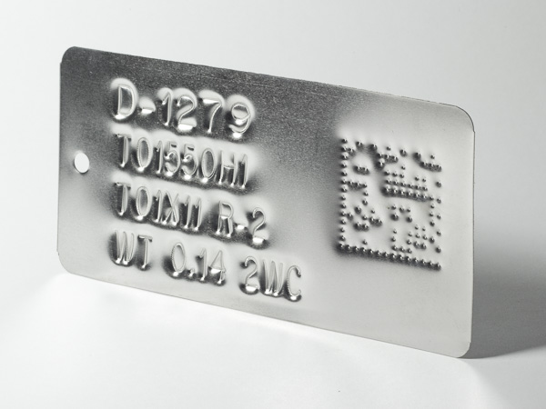 Embossed metal tags with 2D codes